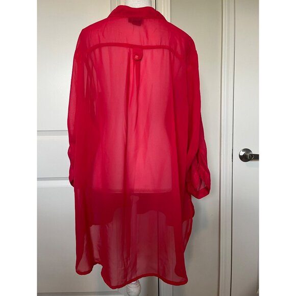 Dots Sheer Red Button-Up Blouse 3X Roll Tab Sleeves Tunic Plus - Picture 2 of 8